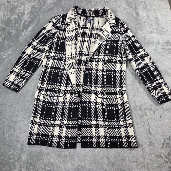 Chaps Cardigan Womens Small Black White Plaid Check Open Duster Sweater Preppy - Picture 1 of 7